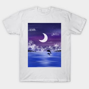 Night time seascape with jumping dolphins T-Shirt